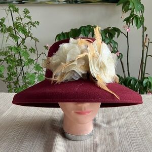 Elegant Burgundy Wool Hat with Cream Golden Feathered Floral Accent